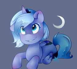 Size: 1800x1600 | Tagged: safe, artist:sundaeswirl, imported from derpibooru, princess luna, both cutie marks, crescent moon, female, moon, prone, s1 luna, smiling, solo