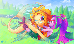 Size: 1920x1136 | Tagged: safe, artist:halem1991, imported from derpibooru, adagio dazzle, aria blaze, dragon, half-siren, siren, equestria girls, rainbow rocks, angry, breasts, ear bite, female, leg lock, sideboob