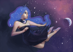 Size: 1351x955 | Tagged: safe, artist:morsangelos, imported from derpibooru, princess luna, human, armpits, clothes, dress, female, humanized, moon, solo, space