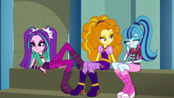 Size: 1920x1080 | Tagged: safe, imported from derpibooru, screencap, adagio dazzle, aria blaze, sonata dusk, equestria girls, rainbow rocks, laughing, raised eyebrow, sitting, the dazzlings