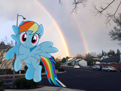 Size: 3264x2448 | Tagged: safe, artist:greenmachine987, imported from derpibooru, rainbow dash, car, cute, dashabetes, double rainbow, floating, happy, houses, irl, photo, ponies in real life, rainbow, smiling, solo, street, streetlight, triple rainbow, vector