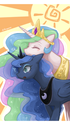 Size: 720x1280 | Tagged: safe, artist:buryooooo, imported from derpibooru, princess celestia, princess luna, alicorn, pony, :3, affection, blushing, cute, duo, eyes closed, female, jewelry, mare, neck hug, open mouth, regalia, royal sisters, sibling love, siblings, sisterly love, sisters, surprised