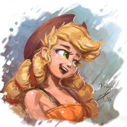 Size: 768x768 | Tagged: safe, artist:assasinmonkey, imported from derpibooru, applejack, human, equestria girls, friendship through the ages, bust, cute, female, humanized, jackabetes, open mouth, sleeveless, solo