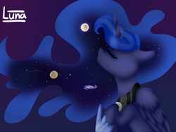 Size: 1600x1200 | Tagged: safe, artist:ohhoneybee, imported from derpibooru, princess luna, eyes closed, female, galaxy, mare in the moon, moon, planet, solo