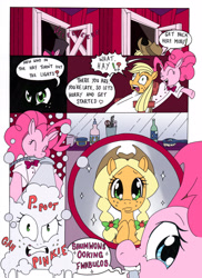 Size: 2540x3480 | Tagged: safe, artist:mohawkrex, artist:whysoseriouss, imported from derpibooru, applejack, pinkie pie, earth pony, pony, comic:a piece of pie, alternate hairstyle, brush, colored, comic, duo, female, makeover, mare, mirror, mouth hold, pigtails, plaid, soap bubble, suds, the amazing pinkie pie