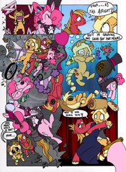 Size: 2544x3484 | Tagged: safe, artist:mohawkrex, artist:whysoseriouss, imported from derpibooru, applejack, big macintosh, pinkie pie, earth pony, pony, comic:a piece of pie, alternate hairstyle, bicycle, clothes, colored, comic, diving helmet, duck amuck, female, fourth wall, goggles, hat, jetpack, male, mare, stallion, the amazing pinkie pie, top hat, tuxedo