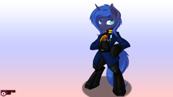 Size: 1920x1080 | Tagged: safe, artist:tsaritsaluna, imported from derpibooru, princess luna, pony, bipedal, boots, clothes, female, gloves, medals, sash, solo, style emulation, uniform