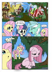 Size: 2544x3504 | Tagged: safe, artist:mohawkrex, artist:whysoseriouss, imported from derpibooru, bon bon, fluttershy, lyra heartstrings, pinkie pie, sweetie drops, bird, earth pony, pegasus, pony, unicorn, comic:a piece of pie, adorabon, comic, cute, cuteamena, female, filly, foal, lyrabetes, mare, pinkamena diane pie, sad