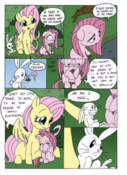 Size: 2544x3504 | Tagged: safe, artist:mohawkrex, artist:whysoseriouss, imported from derpibooru, angel bunny, fluttershy, pinkie pie, earth pony, pegasus, pony, comic:a piece of pie, comforting, comic, crying, female, filly, foal, mare, pinkamena diane pie, rock, sad, sitting