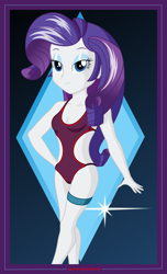 Size: 2489x4100 | Tagged: safe, artist:rexpony, imported from derpibooru, rarity, equestria girls, beautiful, bedroom eyes, blue eyes, blue eyeshadow, breasts, cleavage, clothes, cute, eyeshadow, female, legs, makeup, one-piece swimsuit, open-back swimsuit, purple hair, raribetes, solo, swimsuit, woman