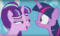 Size: 1322x792 | Tagged: safe, edit, imported from derpibooru, screencap, starlight glimmer, twilight sparkle, alicorn, pony, the cutie re-mark, blushing, exploitable, female, mare, starlight's secret, twilight sparkle (alicorn)