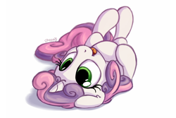 Size: 1800x1200 | Tagged: safe, artist:bobdude0, imported from derpibooru, sweetie belle, pony, unicorn, belly, cute, diasweetes, female, filly, horses doing horse things, imminent belly rub, legs in air, looking up, on back, open mouth, rolling, simple background, smiling, solo, upside down, weapons-grade cute, white background