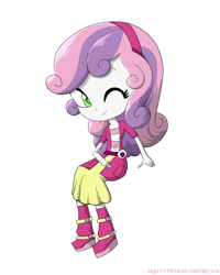 Size: 1600x2000 | Tagged: safe, artist:graytyphoon, imported from derpibooru, sweetie belle, equestria girls, belt, boots, clothes, cute, diasweetes, female, one eye closed, shoes, skirt, solo, wink