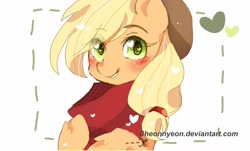 Size: 1024x617 | Tagged: safe, artist:yioyio, imported from derpibooru, applejack, blushing, bust, clothes, cute, eye clipping through hair, female, heart, heart eyes, jackabetes, leg fluff, looking at you, portrait, scarf, solo, wingding eyes