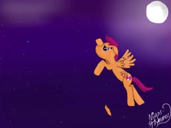 Size: 1024x768 | Tagged: safe, artist:nightglimmer22, imported from derpibooru, scootaloo, commission, cutie mark, female, flying, moon, night, scootaloo can fly, solo, the cmc's cutie marks