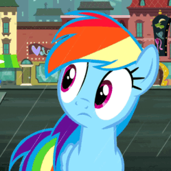 Size: 482x483 | Tagged: safe, imported from derpibooru, screencap, rainbow dash, pegasus, pony, rarity takes manehattan, animated, female, gif, manehattan, mare, rain, saddle row, solo