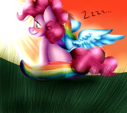 Size: 746x665 | Tagged: safe, artist:tehcherrydeviant6911, imported from derpibooru, pinkie pie, rainbow dash, earth pony, pegasus, pony, crepuscular rays, cuddling, female, floppy ears, lesbian, mare, pinkiedash, shipping, sleeping, snuggling, sunset, zzz