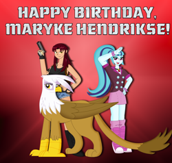 Size: 900x856 | Tagged: safe, artist:cyber-murph, imported from derpibooru, gilda, sonata dusk, griffon, equestria girls, rainbow rocks, black lagoon, crossover, happy birthday, marÿke hendrikse, revy, tribute