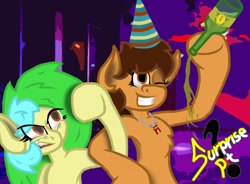 Size: 866x637 | Tagged: safe, imported from derpibooru, oc, oc only, oc:maría teresa de los ponyos paguetti, oc:portal breakway, earth pony, pony, alcohol, female, food, hat, mare, mascot, party hat, ñ