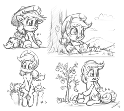 Size: 1080x968 | Tagged: safe, artist:assasinmonkey, imported from derpibooru, applejack, apple, apple tree, banana, cute, doodle, food, hay, hay bale, jackabetes, monochrome, sitting, sketch, tree