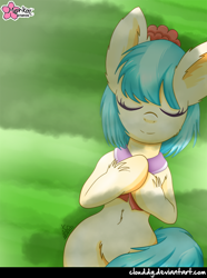 Size: 668x900 | Tagged: safe, artist:clouddg, imported from derpibooru, coco pommel, belly button, cute, eyes closed, female, fluffy, grass, sleeping, solo, unshorn fetlocks