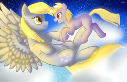 Size: 1004x651 | Tagged: safe, artist:natattack33, imported from derpibooru, derpy hooves, dinky hooves, pegasus, pony, equestria's best mother, female, flying, mare, mother and daughter, night