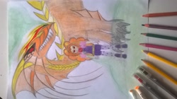 Size: 2592x1456 | Tagged: safe, artist:faad, imported from derpibooru, adagio dazzle, dragon, equestria girls, clothes, colored pencil drawing, evil grin, orange, pen, pencil, red eyes, sideways image, teeth, traditional art, yellow