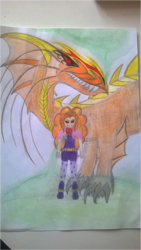 Size: 844x1501 | Tagged: safe, artist:faad, imported from derpibooru, adagio dazzle, dragon, equestria girls, rainbow rocks, drawing, female, food, orange, red eyes, solo, traditional art