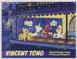 Size: 3267x2521 | Tagged: safe, artist:pixelkitties, imported from derpibooru, donut joe, flash sentry, garble, prince blueblood, dragon, autograph, autograph card, fine art parody, nighthawks, parody, pixelkitties' brilliant autograph media artwork, vincent tong