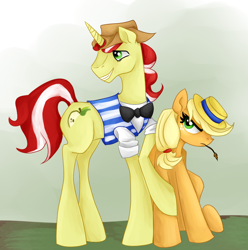 Size: 820x825 | Tagged: safe, artist:chromaflow, imported from derpibooru, applejack, flim, accessory swap