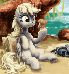 Size: 686x735 | Tagged: safe, artist:da-exile, imported from derpibooru, derpy hooves, pegasus, pony, beach, eating, female, food, mare, muffin, puffy cheeks, saddle bag, solo, that pony sure does love muffins, underhoof