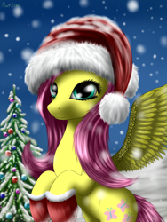 Size: 1536x2048 | Tagged: safe, artist:pony-stark, imported from derpibooru, fluttershy, christmas tree, female, hat, looking at you, santa hat, snow, snowfall, solo, tree, winter