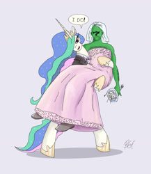Size: 1100x1267 | Tagged: safe, artist:bgf, imported from derpibooru, princess celestia, oc, oc:anon, human, pony, annoyed, anonlestia, anonymous, bipedal, bridal carry, carrying, clothes, crossdressing, crown, dialogue, dress, female, flower, hair over one eye, jewelry, looking at you, male, marriage, open mouth, regalia, reversed gender roles equestria, reversed gender roles equestria general, shoes, simple background, smug, straight, suit, suitlestia, tuxedo, unamused, wedding, wedding dress, white background