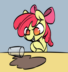 Size: 704x743 | Tagged: safe, artist:thebirdiebin, imported from derpibooru, apple bloom, earth pony, pony, chocolate, chocolate milk, cute, devious, everything is ruined, evil grin, female, filly, foal, food, meme, milk, pure unfiltered evil, solo, spilled milk, why