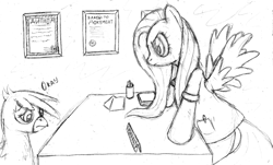 Size: 935x566 | Tagged: safe, artist:tg-0, imported from derpibooru, fluttershy, gilda, griffon, diploma, doctor, monochrome, russian