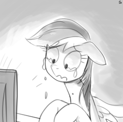Size: 734x731 | Tagged: safe, artist:ehfa, imported from derpibooru, rainbow dash, crying, female, floppy ears, grayscale, monitor, monochrome, reaction image, sad, solo, spread wings, wavy mouth