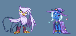 Size: 876x416 | Tagged: dead source, safe, artist:nauth, imported from derpibooru, gilda, trixie, griffon, pony, unicorn, animated, breathing, commission, female, magic, mare, mega man (series), megaman, pixel art