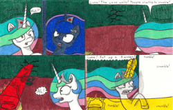 Size: 1024x655 | Tagged: safe, artist:eternaljonathan, imported from derpibooru, princess celestia, princess luna, comic:a new twist, belly, comic, huge belly, hyper, hyper pregnancy, pregnant, traditional art