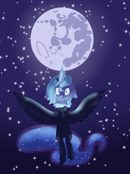 Size: 2424x3224 | Tagged: safe, artist:magiak416, imported from derpibooru, princess luna, female, floppy ears, flying, magic, mare in the moon, moon, s1 luna, solo, stars
