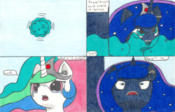 Size: 1024x654 | Tagged: safe, artist:eternaljonathan, imported from derpibooru, princess celestia, princess luna, comic:a new twist, apocalypse, belly, comic, crying, huge belly, hyper, hyper pregnancy, pregnant, traditional art