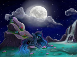 Size: 800x600 | Tagged: safe, artist:derpiak012, imported from derpibooru, princess luna, blushing, cloud, female, full moon, lake, moon, night, prone, solo, waterfall, waterlily