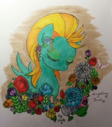 Size: 898x1024 | Tagged: safe, artist:mady, imported from derpibooru, lightning dust, female, flower, solo, traditional art