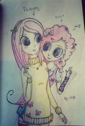 Size: 612x905 | Tagged: safe, artist:mady, imported from derpibooru, fluttershy, pinkie pie, human, clothes, duo, humanized, sweater, sweater dress, sweatershy, traditional art