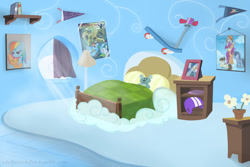 Size: 1024x683 | Tagged: safe, artist:redheadfly, imported from derpibooru, daring do, pound cake, rainbow dash, scootaloo, pegasus, pony, bed, bedroom, book, cloud house, eyes closed, female, filly, flower pot, foal, helmet, hug, lamp, mare, older, older scootaloo, plushie, poster, room, scooter, teddy bear, window