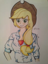 Size: 768x1024 | Tagged: safe, artist:mady, imported from derpibooru, applejack, human, female, humanized, solo, traditional art