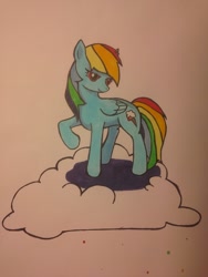 Size: 768x1024 | Tagged: safe, artist:mady, imported from derpibooru, rainbow dash, pegasus, pony, cloud, female, mare, smiling, solo, traditional art