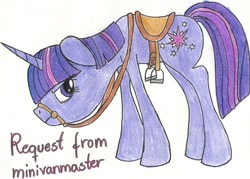 Size: 1024x735 | Tagged: safe, artist:idrawponies4u, imported from derpibooru, twilight sparkle, annoyed, bridle, female, reins, saddle, solo, traditional art