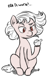 Size: 625x934 | Tagged: safe, artist:hipsanon, imported from derpibooru, oc, oc only, oc:ruby rouge, earth pony, pony, colt quest, bleach, child, color, curious, dye, dyed coat, dyed hair, dyed mane, female, filly, foal, glass, potion, question, white mane