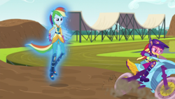 Size: 1280x720 | Tagged: safe, imported from derpibooru, rainbow dash, sunset shimmer, equestria girls, friendship games, aura, flying, helmet, magic, motorcross, ponied up