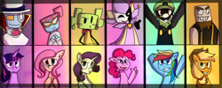 Size: 1400x560 | Tagged: safe, artist:mariogamesandenemies, imported from derpibooru, applejack, fluttershy, pinkie pie, rainbow dash, rarity, twilight sparkle, comparison, count bleck, crossover, dimentio, luigi, mane six, mimi, mr. l, nastasia, o'chunks, paper mario, super mario bros., super paper mario